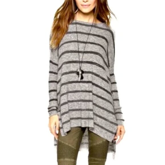Free People Gray Striped Sweater Tunic High Low Oversized Crewneck Small M L XL - Picture 2 of 14